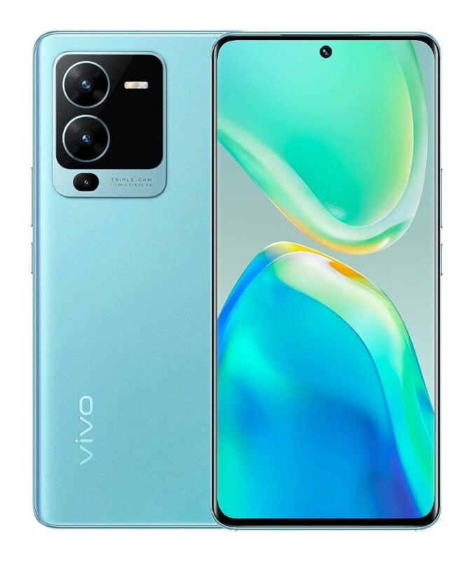 A light blue smartphone shown from both the front and back, featuring a triple-lens camera module and a full-screen display with a centered hole-punch camera.