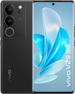 A black Vivo V29 5G smartphone shown from both the front and back, featuring a triple-lens camera system and a curved display with a blue abstract wallpaper.