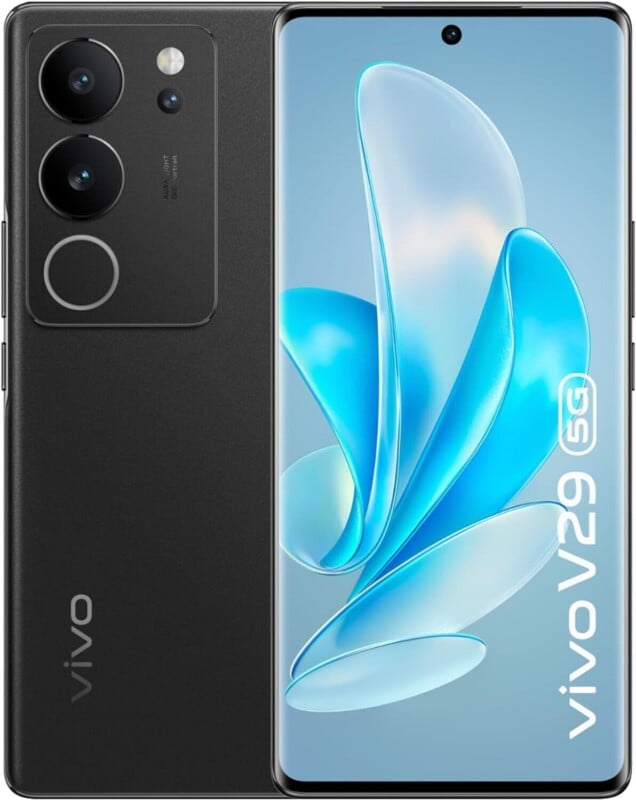 A black Vivo V29 5G smartphone shown from both the front and back, featuring a triple-lens camera system and a curved display with a blue abstract wallpaper.