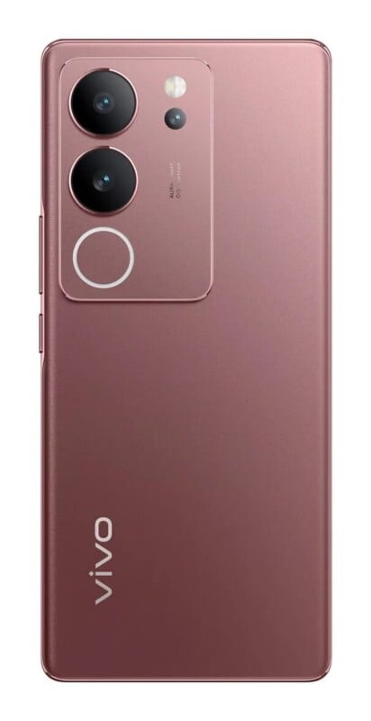 A rose gold smartphone shown from the back, featuring a rectangular camera module with two large lenses, a circular flash, and the vivo logo printed at the bottom.