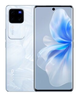 A white vivo smartphone shown from both the front and back, featuring a triple-lens camera module with ZEISS branding and a curved display with a floral wallpaper.