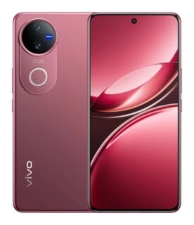 A front and back view of a pink vivo smartphone, featuring a circular camera module with ZEISS branding on the rear and a hole-punch display on the front.