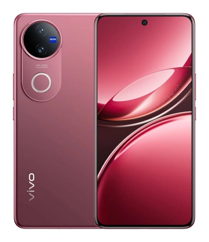 A front and back view of a pink vivo smartphone, featuring a circular camera module with ZEISS branding on the rear and a hole-punch display on the front.