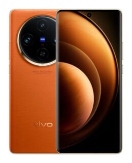A front and back view of an orange smartphone with a large circular camera module on the rear and a curved display on the front.