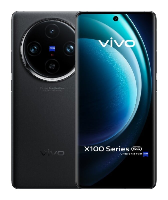 A black Vivo X100 Series 5G smartphone is shown from both the front and back, featuring a large circular camera module with Zeiss branding on the rear and a curved display with a centered hole-punch camera on the front.