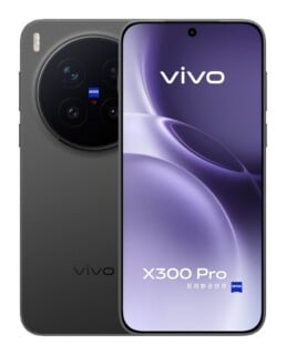 A dark gray vivo X300 Pro smartphone shown from the front and back, featuring a large circular camera module with ZEISS branding.