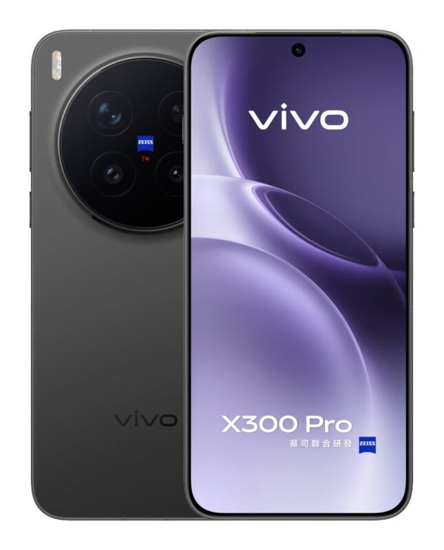 A dark gray vivo X300 Pro smartphone shown from the front and back, featuring a large circular camera module with ZEISS branding.