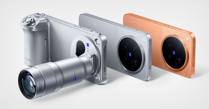 Three Vivo smartphones are displayed against a plain background, with the leftmost device featuring a large, detachable 400mm Zeiss lens attachment.