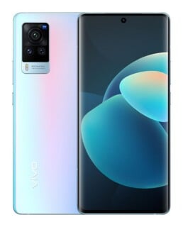 A light blue smartphone shown from both the front and back, featuring a curved display with a hole-punch camera and a triple-lens rear camera module.