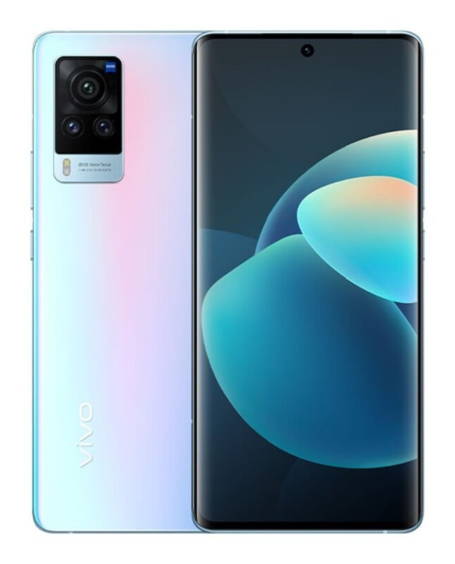 A light blue smartphone shown from both the front and back, featuring a curved display with a hole-punch camera and a triple-lens rear camera module.