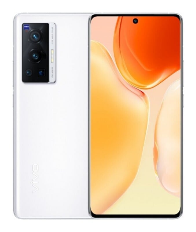 A white smartphone shown from both the back and front, featuring a multi-lens camera module with Zeiss branding and a hole-punch front camera on the display.