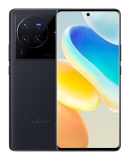 A black vivo smartphone shown from both the front and back, featuring a large circular camera module with ZEISS branding and a vibrant, abstract wallpaper on the screen.
