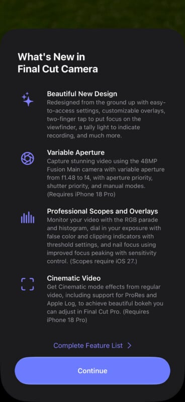 A screen showing the "What's New in Final Cut Camera" update notes, featuring a list of new features and a "Continue" button at the bottom.