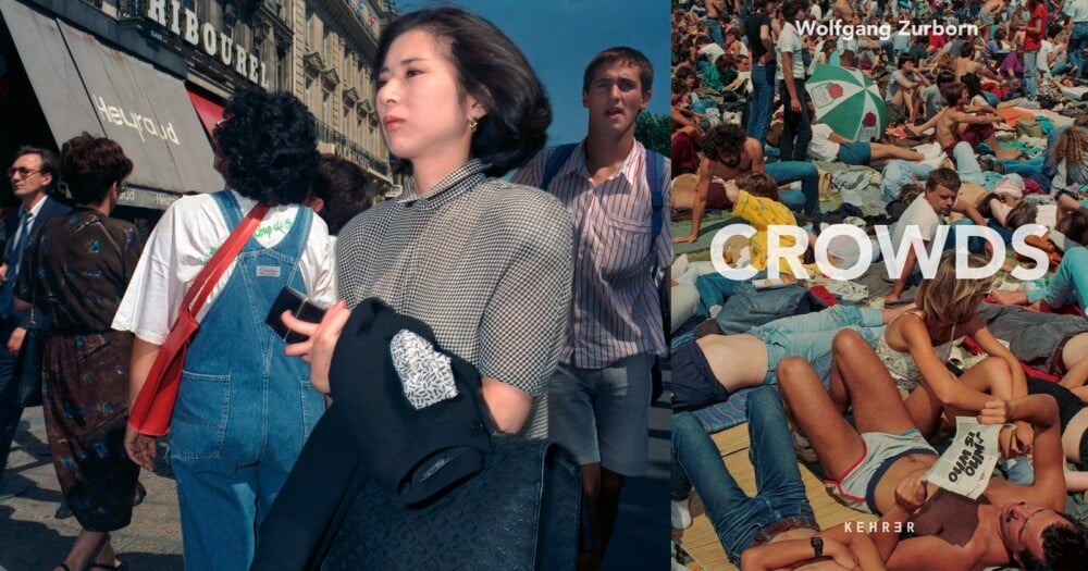 A split-screen image shows a woman walking on a city street on the left and a large group of people lounging on a beach on the right, with the title "CROWDS" overlaid.