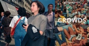 A split-screen image shows a woman walking on a city street on the left and a large group of people lounging on a beach on the right, with the title "CROWDS" overlaid.