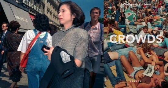 A split-screen image shows a woman walking on a city street on the left and a large group of people lounging on a beach on the right, with the title "CROWDS" overlaid.