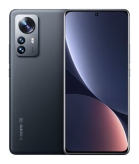 A dark gray Xiaomi 5G smartphone shown from both the front and back, featuring a triple-lens camera module and a curved display.
