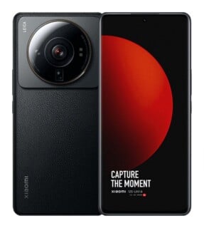 A front and back view of a black smartphone with a large circular camera module on the rear and a screen displaying a red circle and the text "CAPTURE THE MOMENT" and "Xiaomi 12S Ultra".