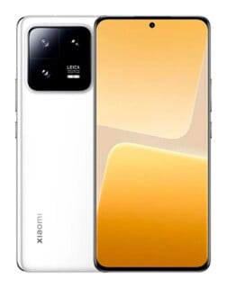 A white Xiaomi smartphone is shown from both the front and back, featuring a triple-lens camera module with Leica branding.