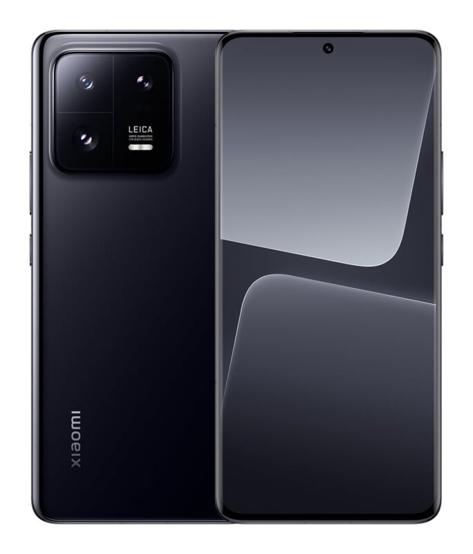 A black Xiaomi smartphone shown from both the front and back, featuring a triple-lens camera module with Leica branding.