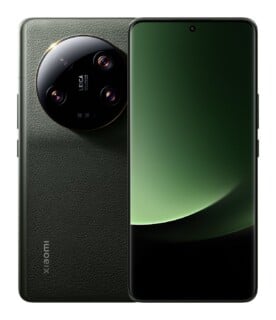 A front and back view of a dark green smartphone with a textured leather-like back, a large circular camera module, and a curved display screen.