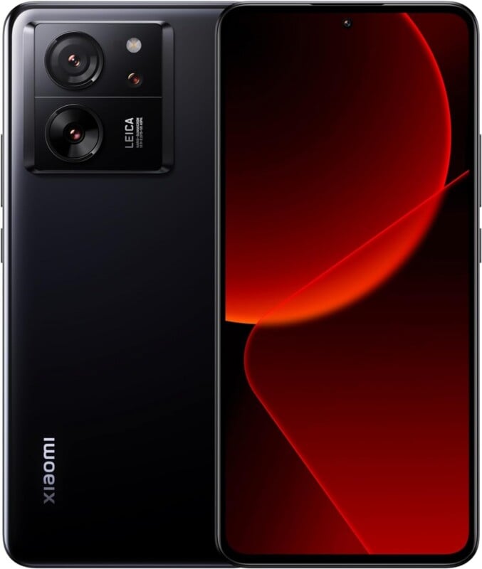 A black Xiaomi smartphone shown from both the front and back, featuring a dual-lens Leica camera module and a screen displaying a red abstract graphic.