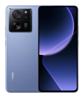 A light blue smartphone shown from both the front and back, featuring a triple-lens Leica camera module and a full-screen display.