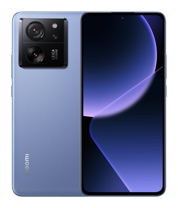 A light blue smartphone shown from both the front and back, featuring a triple-lens Leica camera module and a full-screen display.