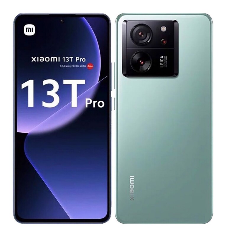A front and back view of a light green Xiaomi 13T Pro smartphone, showing the screen display and the rear camera module with Leica branding.