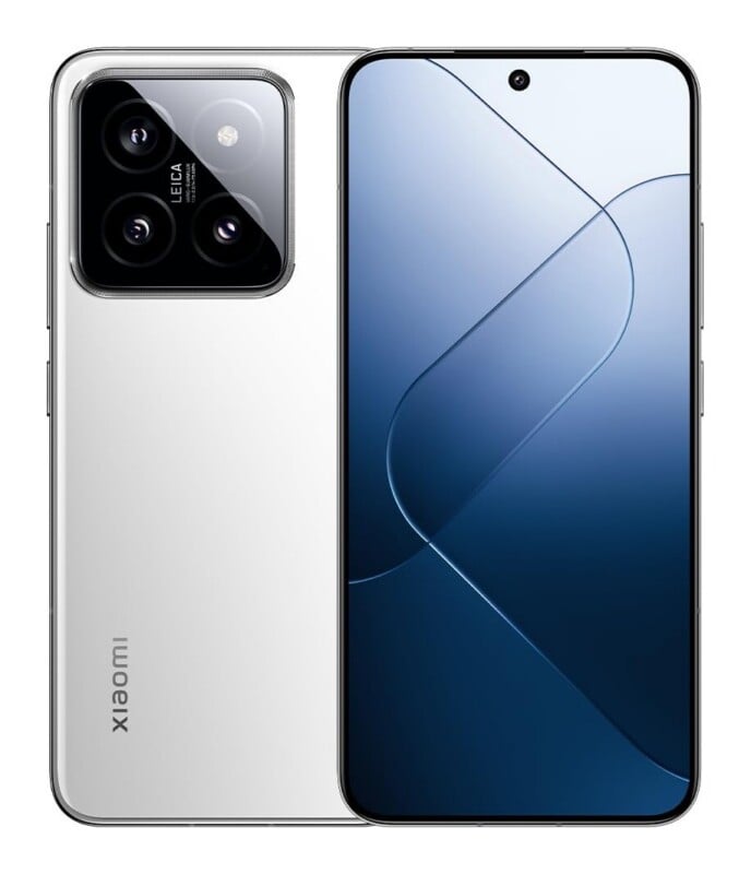 A white Xiaomi smartphone is shown from both the front and back, featuring a triple-lens Leica camera module and a full-screen display with a centered hole-punch camera.