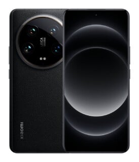 A black Xiaomi smartphone shown from both the front and back, featuring a textured leather-like rear panel and a large circular camera module with Leica branding.
