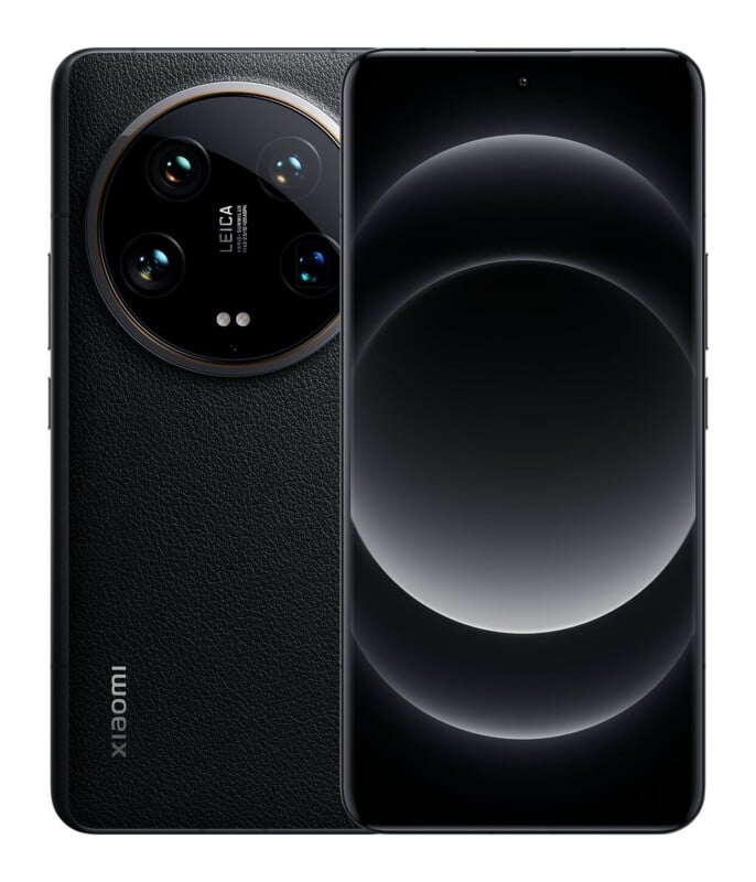 A black Xiaomi smartphone shown from both the front and back, featuring a textured leather-like rear panel and a large circular camera module with Leica branding.