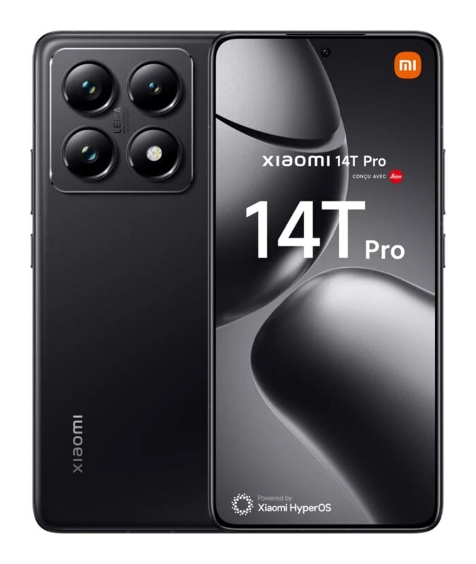 A black Xiaomi 14T Pro smartphone is shown from both the front and back, featuring a triple-lens Leica camera system and a screen displaying the Xiaomi HyperOS logo.