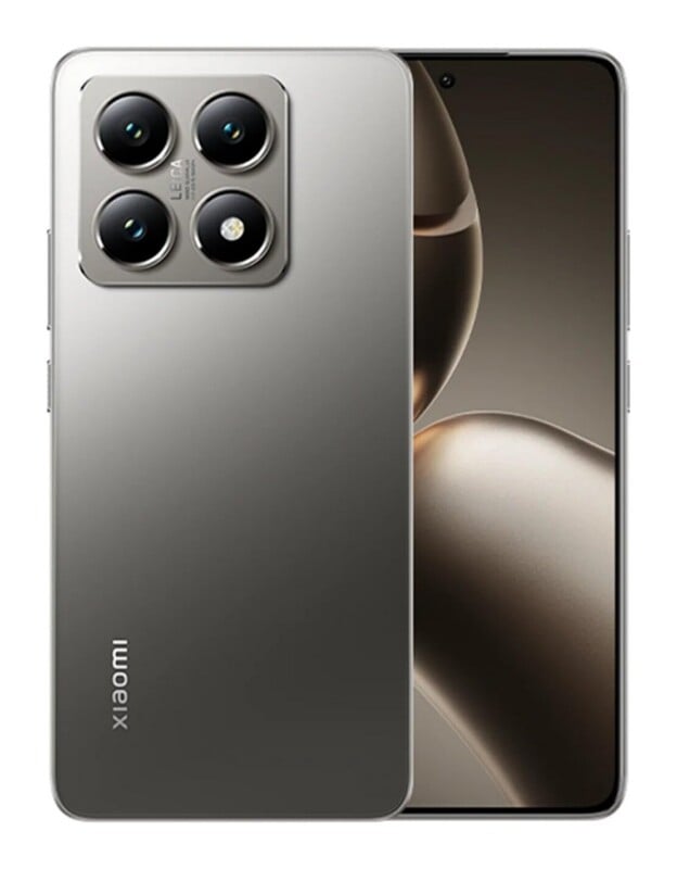 A gray Xiaomi smartphone shown from the back and front, featuring a square camera module with four lenses and the Leica logo on the rear panel.