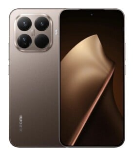 A bronze-colored smartphone shown from both the front and back, featuring a triple-lens Leica camera system and a curved display with a centered hole-punch camera.