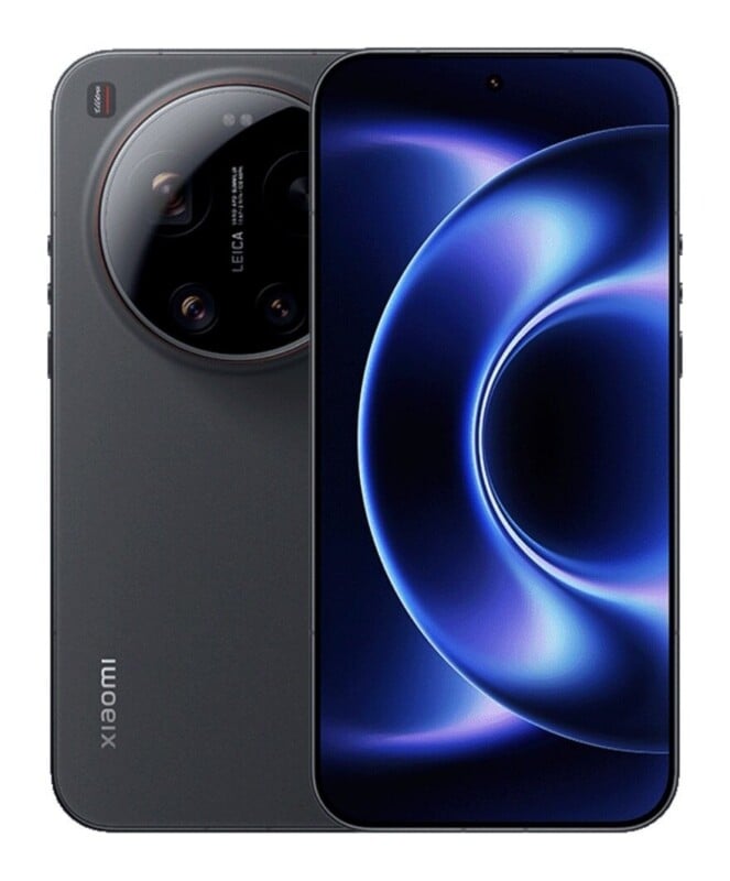 A dark gray smartphone shown from both the front and back, featuring a large circular camera module with Leica branding on the rear and a vibrant blue abstract wallpaper on the front screen.
