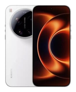 A white Xiaomi smartphone is shown from both the back and front, featuring a large circular camera module with Leica branding.
