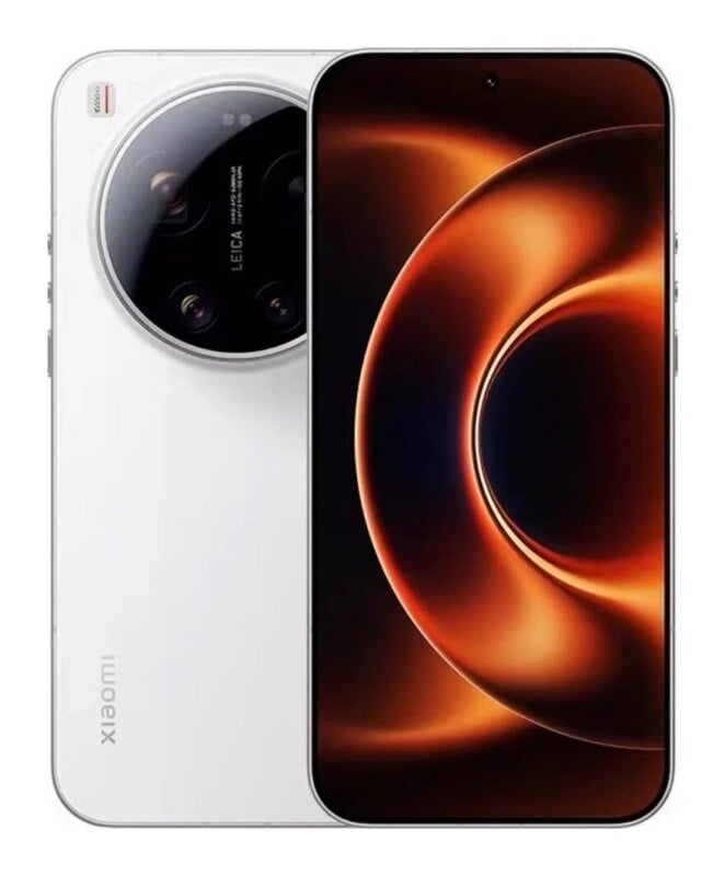 A white Xiaomi smartphone is shown from both the back and front, featuring a large circular camera module with Leica branding.