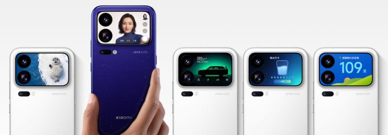 Five smartphones are displayed in a row, with the central blue phone held by a hand, showcasing various custom widgets on their rear-facing screens.