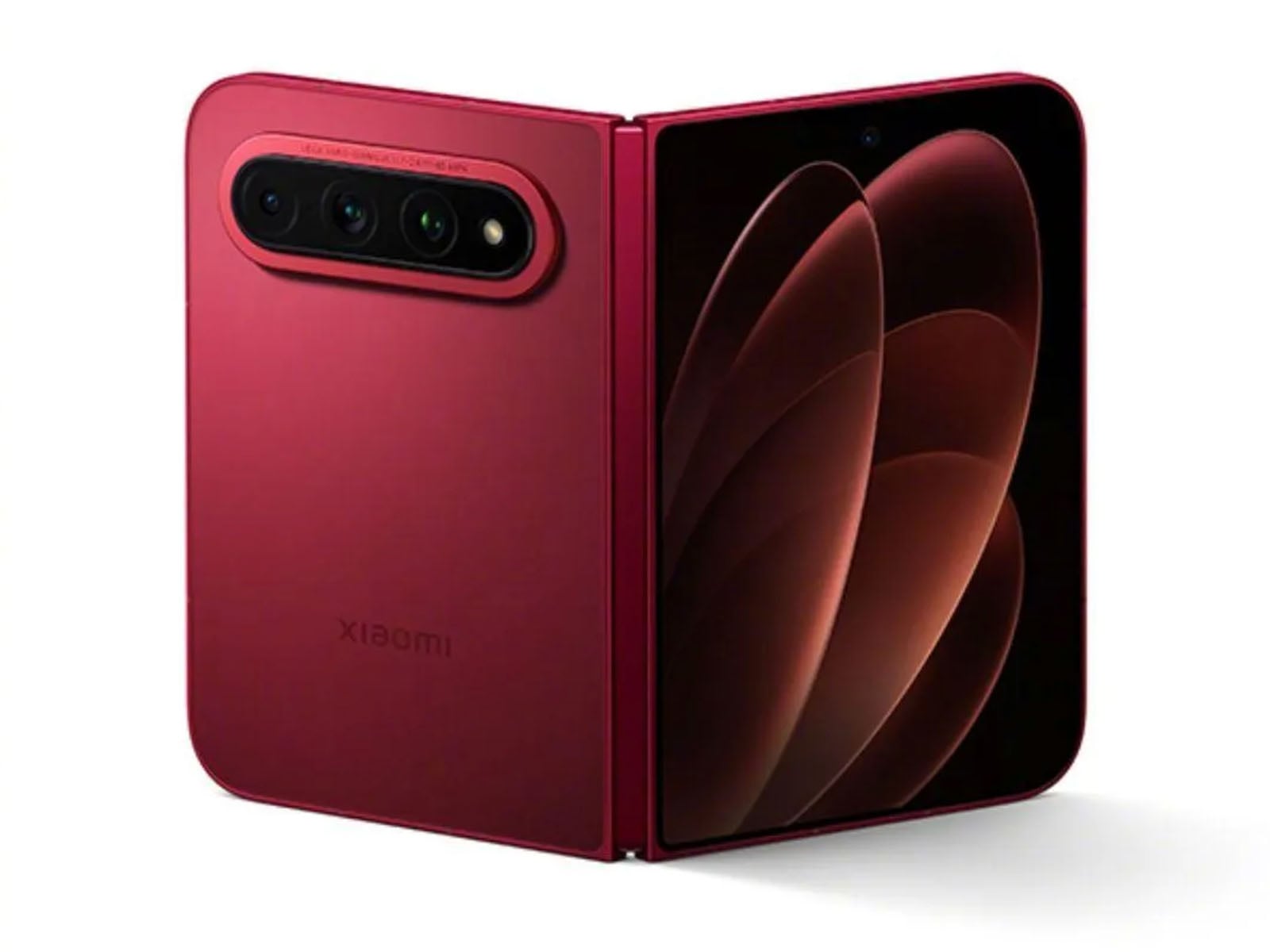 A red foldable smartphone is shown partially open, displaying a dark screen with abstract curved shapes on the right and a triple-lens camera module on the left back panel.