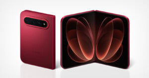 A red Xiaomi foldable smartphone shown from the back and in an open, unfolded position against a white background.