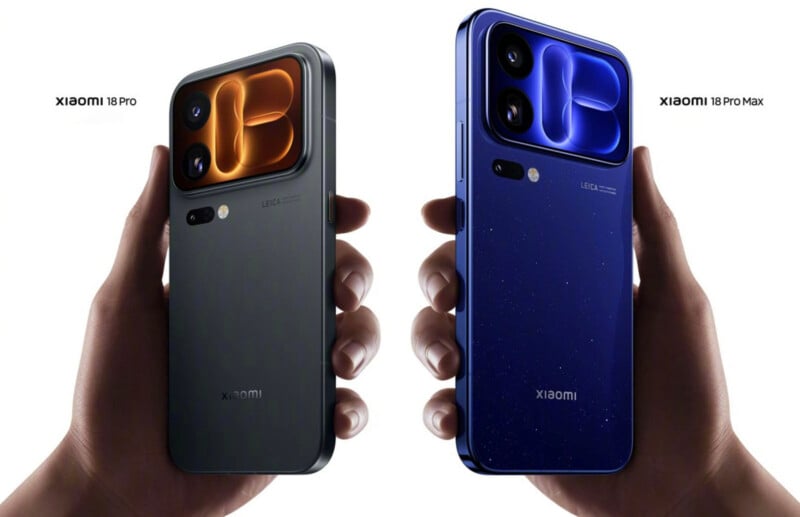 Two hands hold a grey Xiaomi 18 Pro phone on the left and a blue, glitter-finish Xiaomi 18 Pro Max phone on the right.