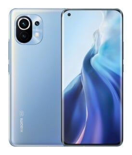 A light blue smartphone shown from both the front and back, featuring a triple-lens camera module and a curved display with a hole-punch camera.