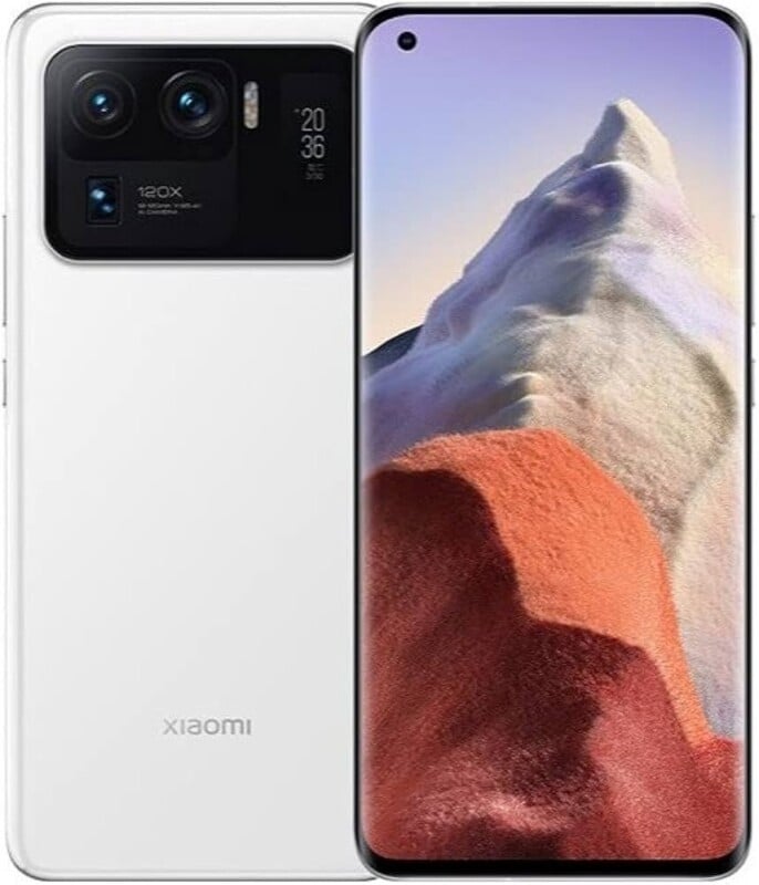 A white smartphone shown from both the front and back, featuring a large, prominent camera module on the rear and a mountain landscape displayed on the screen.
