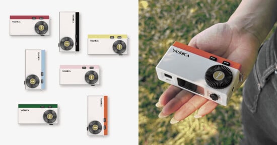 A collage showing several Yashica digital cameras in various color combinations, with one being held in a person's hand.