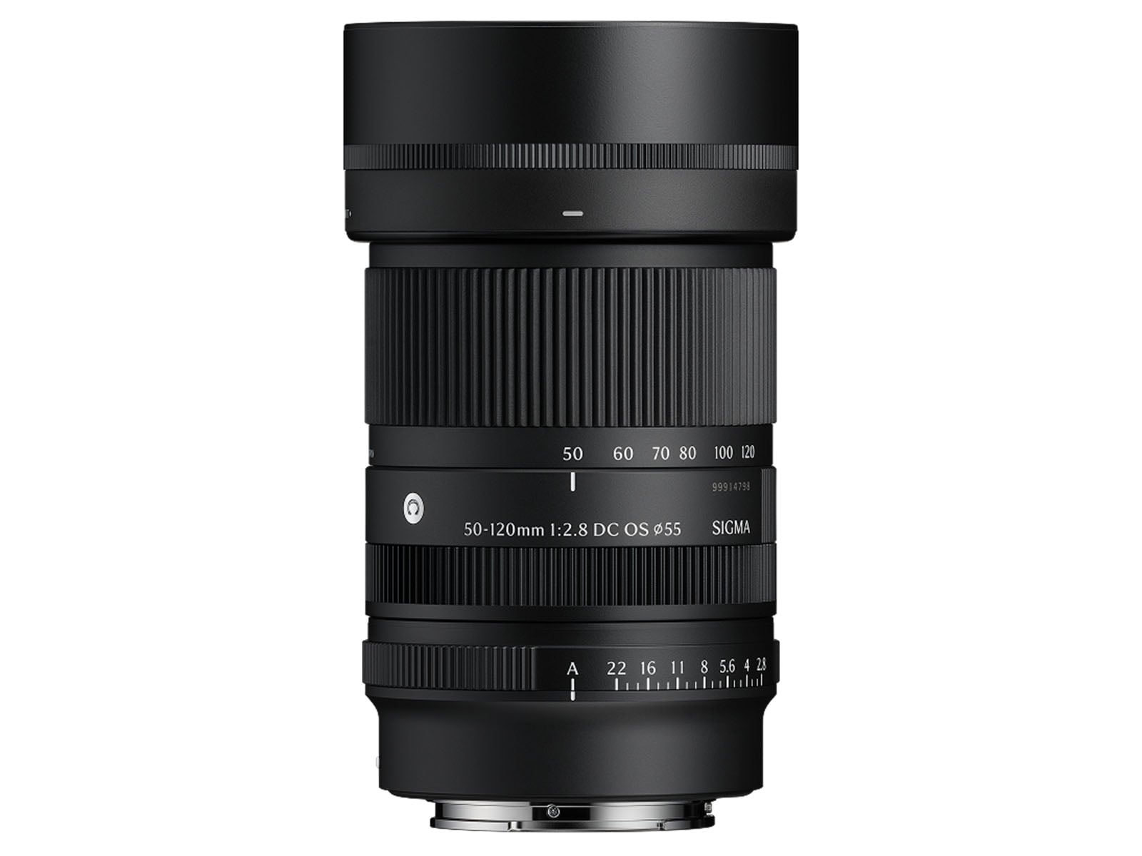 A black Sigma 50-120mm f/2.8 DC OS lens standing vertically against a white background.