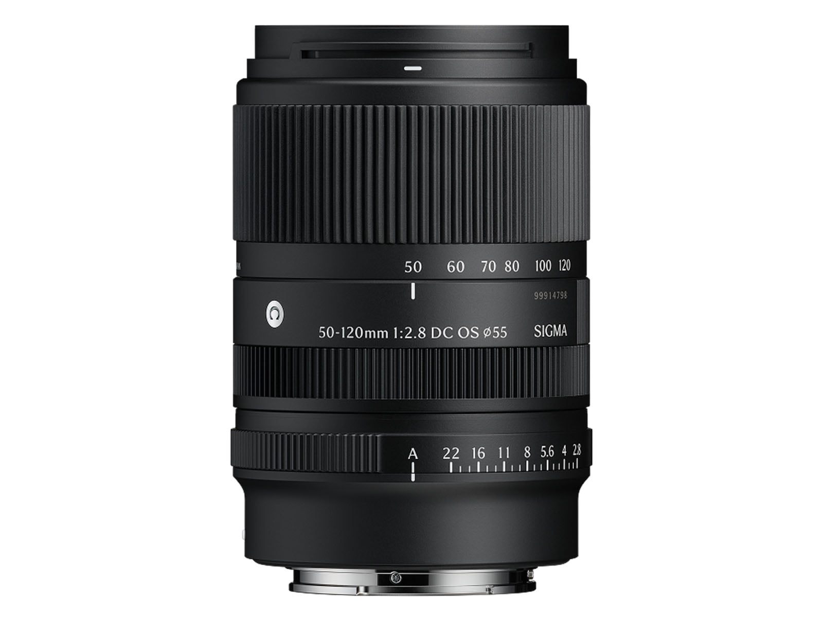A black Sigma 50-120mm f/2.8 DC OS lens with a zoom ring, focus ring, and aperture ring, shown from a front-facing perspective.