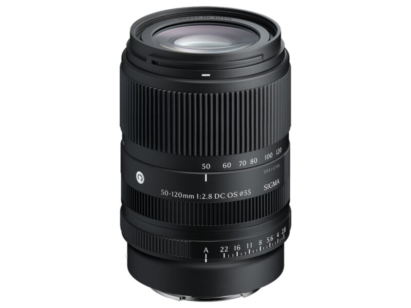 A black Sigma 50-120mm f/2.8 DC OS lens with a zoom ring, focus ring, and aperture ring, standing vertically against a white background.