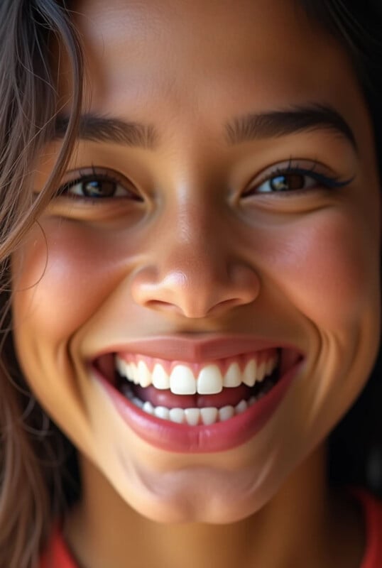 A close-up portrait of a smiling woman with brown eyes and dark hair.
