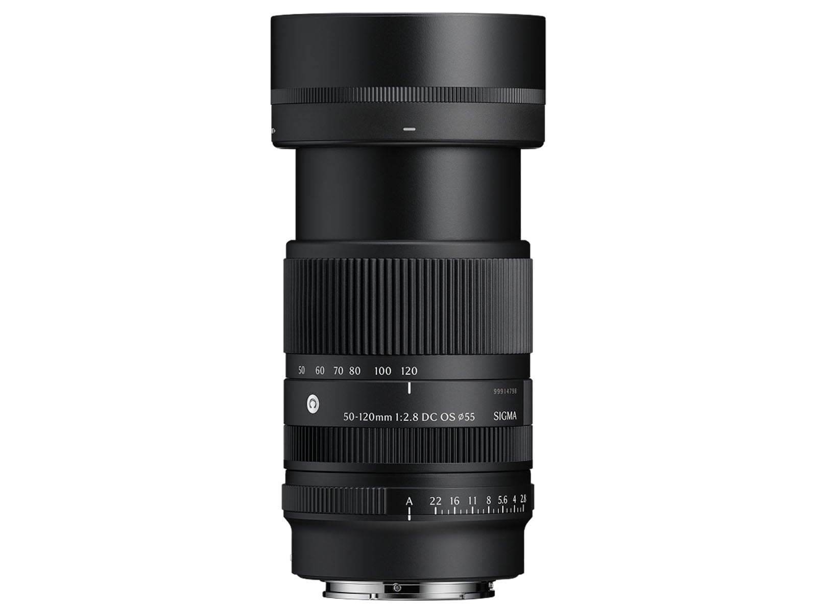 A black Sigma 50-120mm f/2.8 DC OS lens standing vertically against a white background.